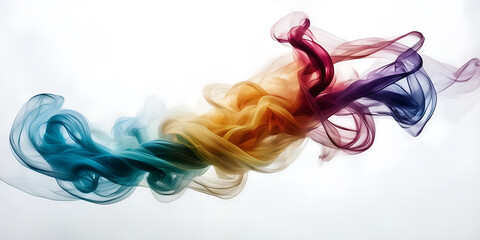 Obraz na płótnie Canvas Photograph of vibrant, swirling ribbons of multicolored smoke against a stark white backdrop.
