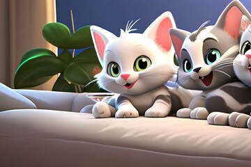 Fototapeta premium A cartoon 3d rendering of 3 cats sitting on a couch in happy mood 