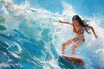 young asian woman is surfing on a wave on surfboard, water drops, white and aquamarine