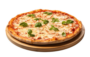 Pizza on Wooden Plate. A freshly baked pizza is placed on top of a rustic wooden plate, showcasing the delicious toppings and crispy crust. on a White or Clear Surface PNG Transparent Background.