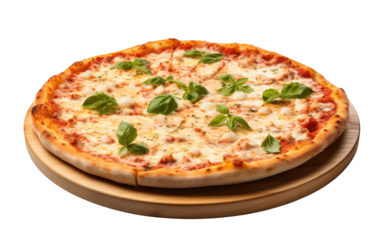 Pizza on Wooden Plate. A freshly baked pizza is placed on top of a rustic wooden plate, showcasing the delicious toppings and crispy crust. on a White or Clear Surface PNG Transparent Background.