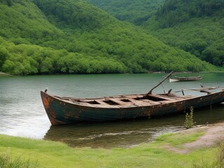 Fototapeta na wymiar Free picture of an ancient, rusted fishing boat on the lake's sloping shore
