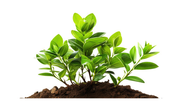 Small Plant Emerging From Soil. A small green plant is seen sprouting from the dark brown soil. on a White or Clear Surface PNG Transparent Background.