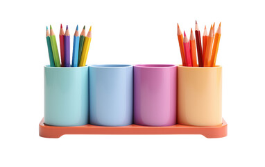 Fototapeta premium Row of Pencils in Cup. A row of sharpened pencils neatly arranged inside a cup on a wooden desk. Each pencil is of different colors and lengths. on a White or Clear Surface PNG Transparent Background.