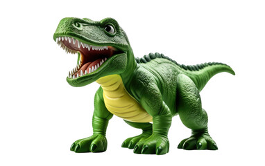 Obraz premium Toy Dinosaur Roaring With Mouth Wide Open. A plastic toy dinosaur is shown with its mouth agape, resembling a fierce roar. on a White or Clear Surface PNG Transparent Background.