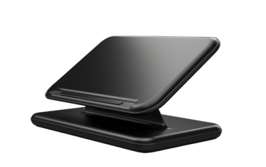 A black tablet holder sits on a desk, holding a tablet in place. The holder is sleek and stable, providing a secure platform for the device. on a White or Clear Surface PNG Transparent Background.