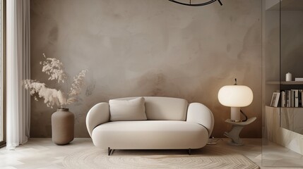 Modern interior beige tone fabric sofa. Minimalism beige interior. Generative AI
