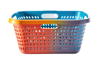The photo shows a practical plastic laundry basket with a sturdy handle, designed for carrying clothes to and from the laundry room. on a White or Clear Surface PNG Transparent Background.