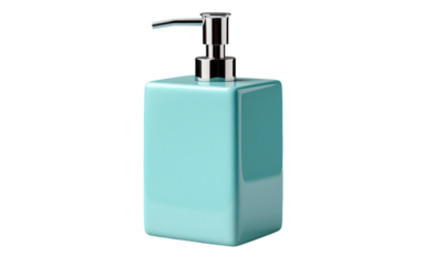 Blue Soap Dispenser With Chrome Faucet. The dispenser is filled with liquid soap, while the faucet is turned off. on a White or Clear Surface PNG Transparent Background.
