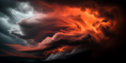 Image capturing the dynamic movement of vibrant vermilion smoke against a backdrop of dark, stormy clouds.