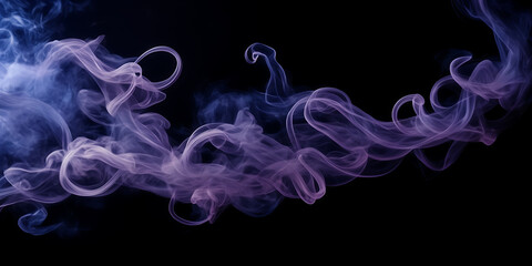 Photograph of intertwining tendrils of smoke in shades of sapphire and amethyst against a midnight sky.