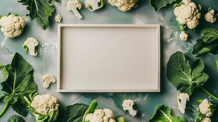 Cauliflower background with white board in the middle - obrazy, fototapety, plakaty