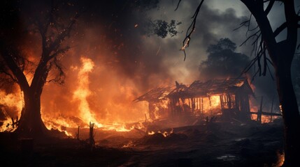 Massive forest fire disaster - devastating wildfire raging through the trees in the wilderness - obrazy, fototapety, plakaty