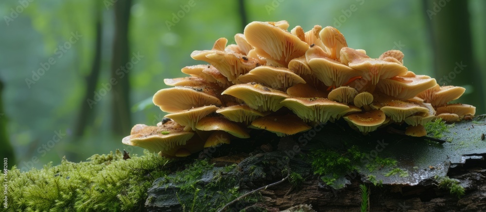 Poster a charming group of various mushrooms thriving on a weathered tree stump in a mystical forest settin
