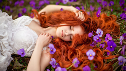 Naklejka premium Portrait of a Beautiful Woman Sleeping with Flowers