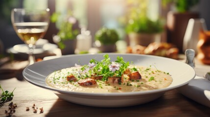 Delicious creamy mushroom soup with fresh herbs on blurred kitchen background, copy space for text