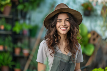 Girl farmer in overalls and hat smiling in the background of plants grown in the garden - obrazy, fototapety, plakaty