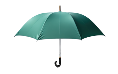 Green Umbrella With Black Handle. The umbrella is open and neatly displayed with the handle facing towards the viewer. on a White or Clear Surface PNG Transparent Background.