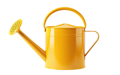 Yellow Watering Can With Handle. A yellow watering can with a matching yellow handle sits on a garden table. on a White or Clear Surface PNG Transparent Background.