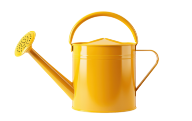 Yellow Watering Can With Handle. A yellow watering can with a matching yellow handle sits on a garden table. on a White or Clear Surface PNG Transparent Background.