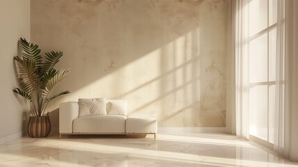 Stylish living room in beige tones with a sofa, flowerpot. Minimalist background wall. Generative AI