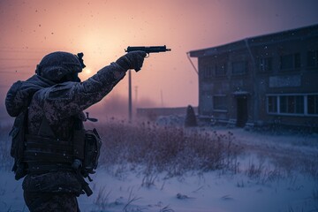 Fototapeta premium Twilight scene, a soldier in combat attire, waving a gun, with the snowy landscape around a building softly blurred in the diminishing light