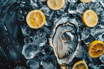 Commercial photo of fresh oysters on ice  with lemon slice  - obrazy, fototapety, plakaty