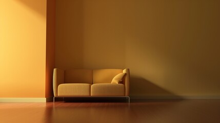 A living room with yellow walls and a sofa. Generative AI
