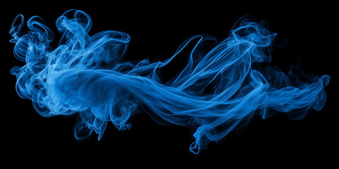 Photograph capturing the mesmerizing dance of cerulean smoke tendrils against a canvas of midnight black. - obrazy, fototapety, plakaty