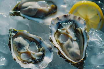 Commercial photo of fresh oysters on ice  with lemon slice 