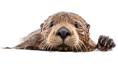 Wet Otter Close Up. An image capturing a close up view of a wet otter. The otters fur is damp, and its whiskers are glistening with water droplets.