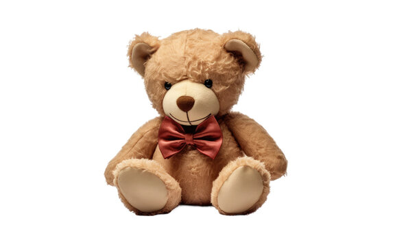 A brown teddy bear wearing a vibrant red bow tie is featured in this image. The teddy bear showcasing its adorable and classic design. on a White or Clear Surface PNG Transparent Background.