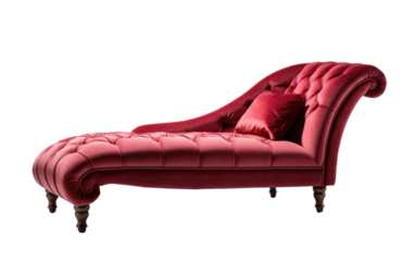 Red Chaise Lounge Chair With Pillow. A red chaise lounge chair is featured with a matching red pillow. The chair is stylish and inviting. on a White or Clear Surface PNG Transparent Background.