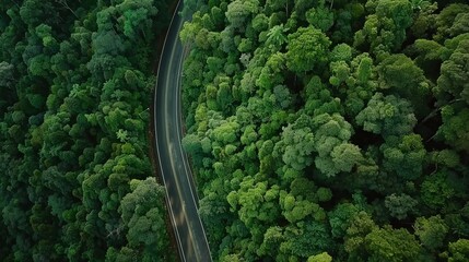 Aerial view road in the middle forest, Top view road going through green forest adventure, Ecosystem ecology healthy environment road trip travel.