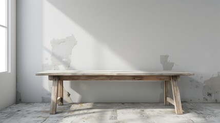 Wooden bench against white wall. Generative AI