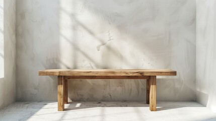 Wooden bench against white wall. A gray wall lit up in the windmills. Generative AI