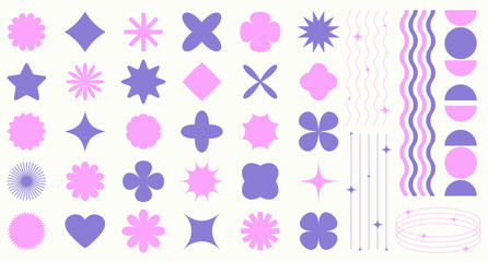 Set of abstract retro futuristic colorful elements and shapes brutalism, Y2K style. Y2K geometric shapes, forms, symbols for template social media, poster, banner, logo, stickers, web