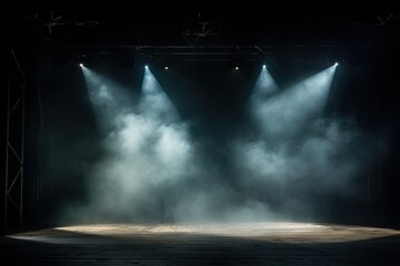 Moody Stage Light Background with Smoke and Spotlight. Dark Empty Design with Space for Text