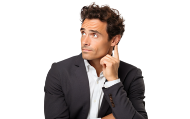 Businessman Listening to Earpiece. He appears focused and engaged in a conversation or receiving instructions. on a White or Clear Surface PNG Transparent Background.