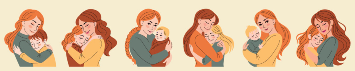 Set of Moms hugs her daughter and sons.Mother's day card.Family, parents,love.Flat isolated vector illustration