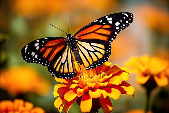 Monarch Butterfly on Orange Flower in Summer Garden. Macro Shot of Beautiful Insect in Nature