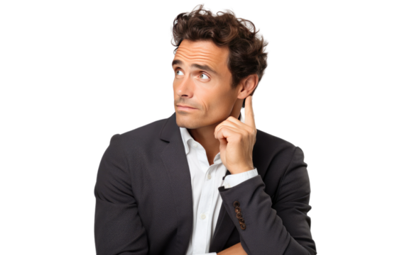 Businessman Listening to Earpiece. He appears focused and engaged in a conversation or receiving instructions. on a White or Clear Surface PNG Transparent Background.