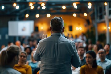 Man gesturing and presenting to a large crowd of people.