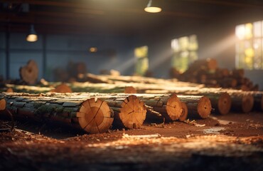 Felled log trees at the factory