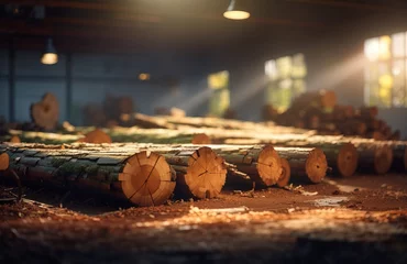 Zelfklevend Fotobehang Felled log trees at the factory © WrongWay