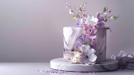 A UHD capture of a birthday cake featuring a modern marble effect, achieved with hand-painted fondant and delicate sugar flowers, set against a solid background in soft gray and lavender tones.
