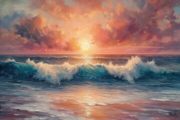 A painting depicting a vibrant sunset over the ocean, with warm colors reflecting on the water and a peaceful atmosphere.
