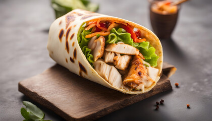 Fresh Grilled Chicken Wrap Roll - Flying Ingredients and Spices Ready to Serve and Eat with Copyspace