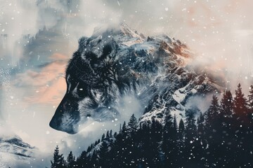 A wolf blended with the silhouette of a snowy mountain peak in a double exposure