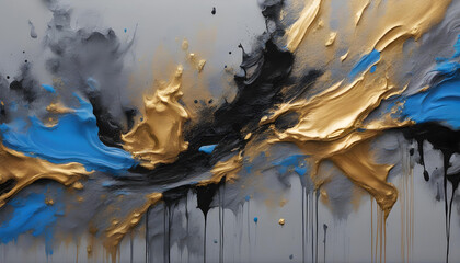 Vibrant Paint Splashes on Canvas - Gold, Black, Blue, and Gray Colors for Interior Decor